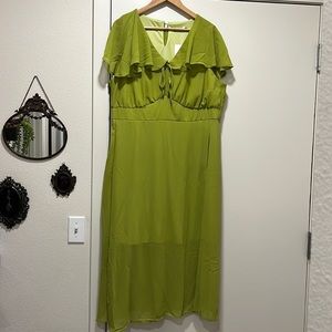 Solid Ruffle Trim Pocket Empire Waist Knot Cape Detail Dress